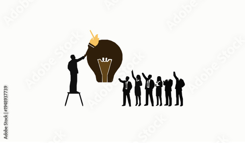 Business leader lighting up giant lightbulb for inspired team silhouette