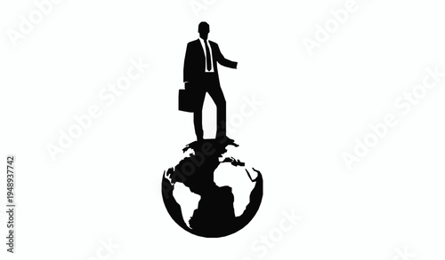Successful businessman standing on top of world globe silhouette