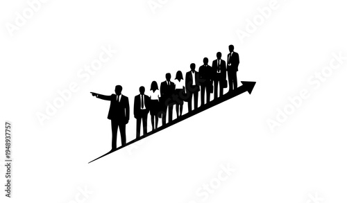 Team of business professionals following leader up rising arrow silhouette