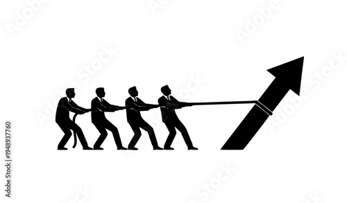 Team of businessmen pulling arrow up concept of collective effort and business growth