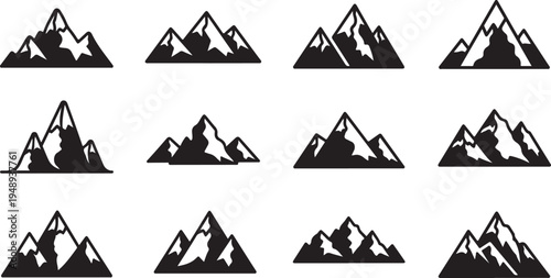 Mountain Range Silhouette Icons Set in Black and White