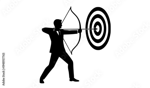 Businessman aiming bow and arrow at target concept of business strategy and precision