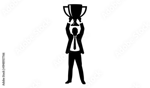 Business success concept with businessman holding up trophy and celebrating victory
