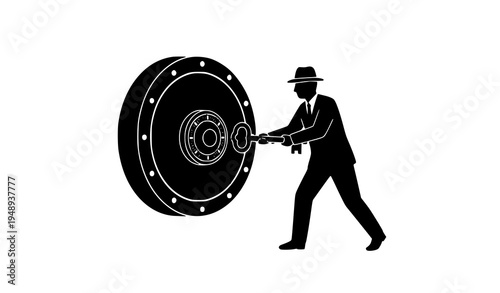 Businessman using key to open giant vault door, concept of success and security