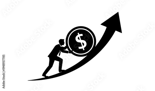Man pushing dollar coin up rising arrow, concept of financial growth and economic progress