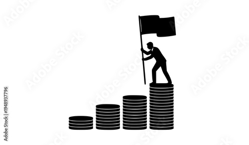 Man planting flag on stack of coins representing financial success and investment growth