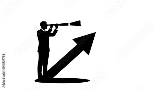 Businessman holding telescope standing on upward arrow silhouette representing business growth and future planning strategy