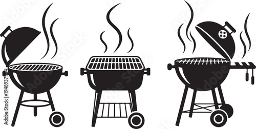 Three Black Silhouette Barbecue Grills with Smoke Rising