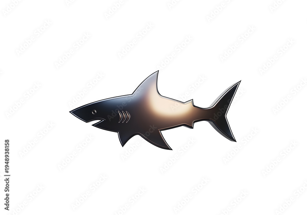 Fototapeta premium Metal shark sculpture, sharp fins, white background, modern art