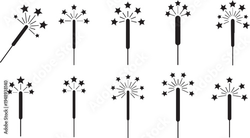 Black and white sparklers with starburst effects illustration set
