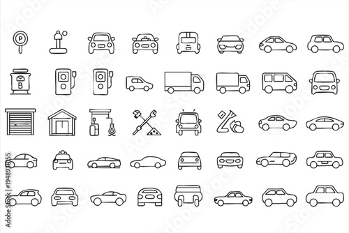 Automobile Fuel Station and Transport Outline Icons for Transportation