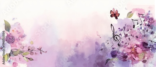 Watercolor cherry blossoms and musical notes, artistic background for concert flyers, poetry books, or wedding stationery, delicate and dreamy.