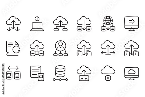 Minimal cloud technology and server infrastructure line icon collection for apps dashboards and web development