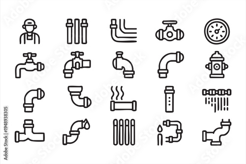 Water supply system and plumbing pipe fittings outline icons for infrastructure and utility services