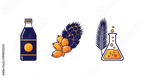 Illustration of a bottle, fruits, and a lab flask with liquid.