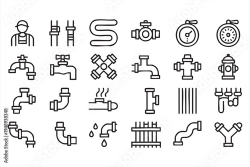 Minimal plumbing tools and pipeline connection line icons for maintenance and construction projects