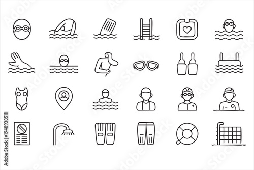 Swimming pool and aquatic sports line icons set with swimmer goggles lifeguard flippers and training equipment