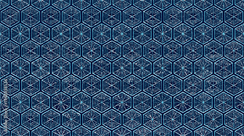 Seamless pattern of blue geometric hexagons with subtle texture and gradient effect background