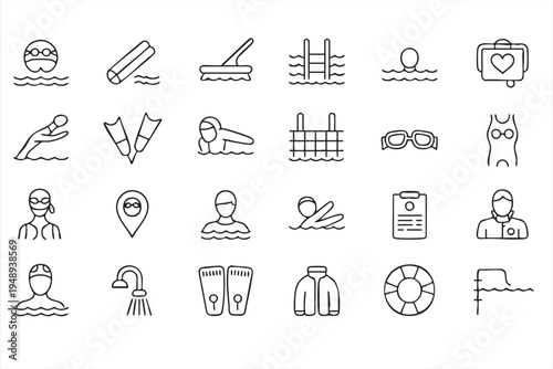 Swimming pool equipment and swimmer activity vector line icons for aquatic sports and training