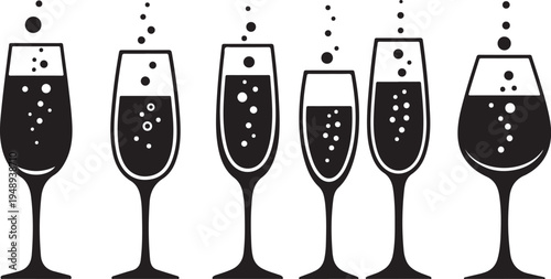 Black and white wine glasses with bubbles illustration
