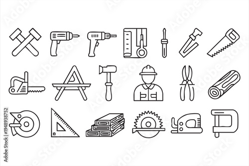 Construction and carpentry hand tools line icons set for woodworking repair workshop and building projects
