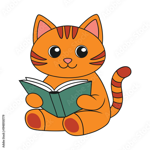 Cute Cat Character Reading Book Cartoon Illustration