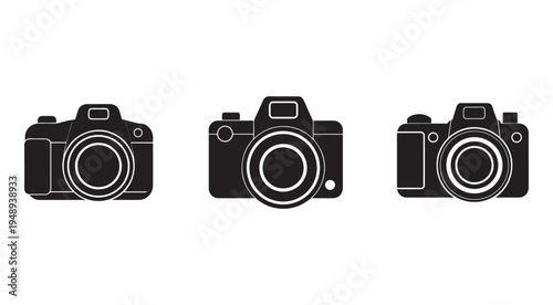 Three black and white camera icons in different styles on a plain white background  simple photography equipment symbols