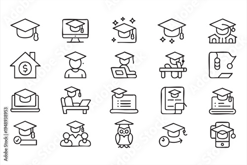 Graduation cap student and academic achievement line icons for schools colleges and e learning systems