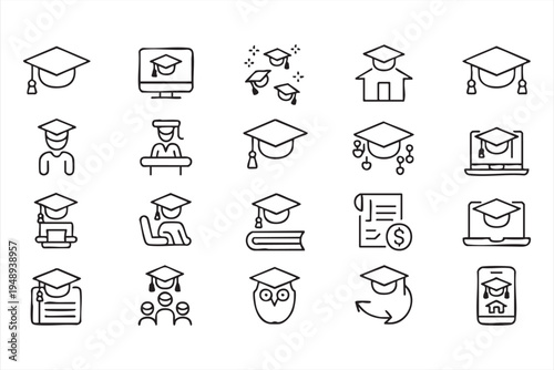 Digital education and student graduation outline icons for online courses and academic platforms