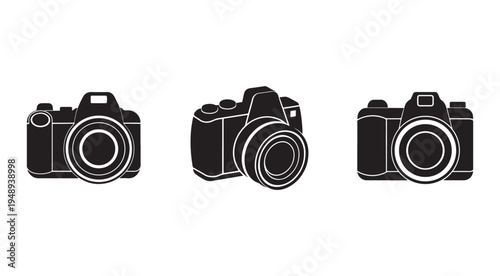 Three black and white camera icons in different angles and positions side by side on white background  simple photography tools