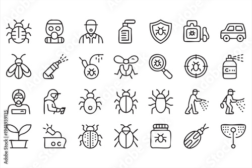 Pest control and exterminator outline icons set with insects pesticide spray fumigation and sanitation symbols