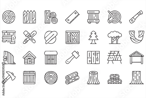 Forestry logging and wood industry outline icons with axe saw blade logs and timber materials