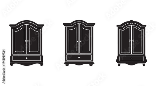 Three black and white wardrobe closet icons with two doors and a drawer  furniture design elements