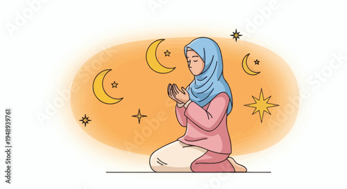 A Muslim woman praying in a mosque, illuminated by the crescent moon and stars, symbolizing peace and devotion during Ramadan