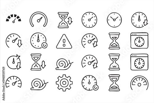 Speed Gauge and Time Tracking Outline Icons for Performance Analytics Concepts