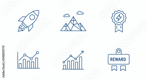 Illustrative outline vector icons for achieving success, symbolizing business development, financial growth, strategic planning, and performance goals