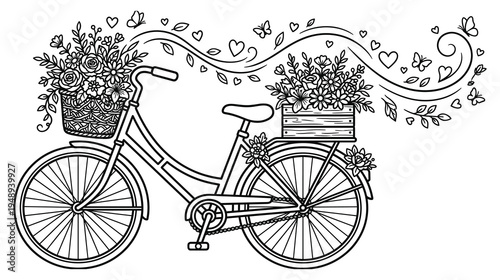 Vintage bicycle with flowers and heart swirls in line art
