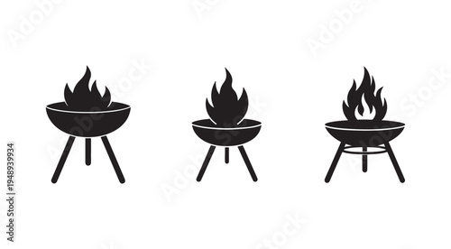Three black barbecue grills with flames on top for outdoor cooking and grilling  simple icons