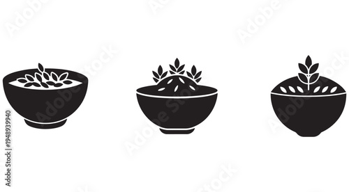 Three black bowls with plants and soil  isolated on white background
