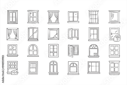Residential Building Window Frames Line Icon Set for Architecture Graphics
