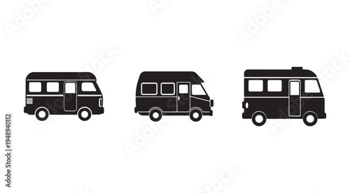 Three black camper vans in different angles for travel and adventure concept  recreational vehicles for road trips and outdoor activities