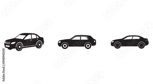Three black car silhouettes in different angles and positions  cars on white background