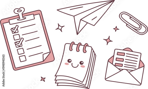 Hand drawn vector illustration of a business document featuring a checklist and pen icon for financial office note taking and web design concepts