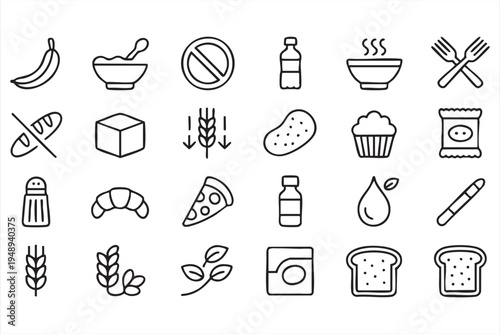Bakery Bread Wheat and Grocery Food Outline Icons Collection