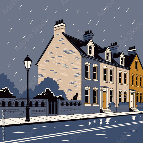 A serene and peaceful illustration of a row of houses on a snowy night