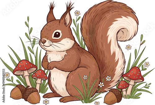 Cute squirrel with mushrooms acorns and forest plants woodland animal cartoon illustration whimsical nature vector design isolated
