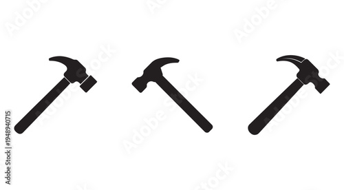 Three black hammer silhouettes with different angles and positions on white background for construction or tool concepts and designs