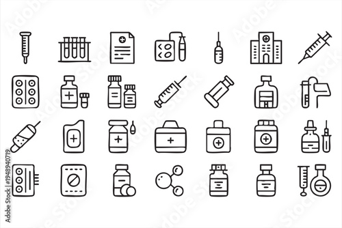 Pharmacy Drug Bottle and Injection Syringe Line Icons for Medical Concepts