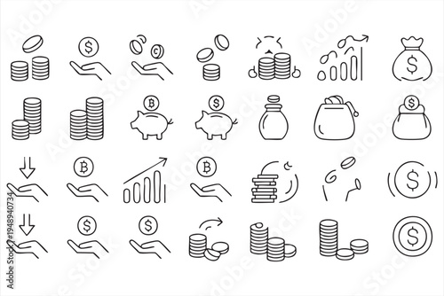 Finance and Investment Line Icons Collection with Coins Bitcoin and Piggy Bank