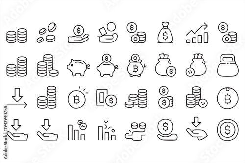 Banking and Money Management Outline Icons for Financial Strategy Concepts